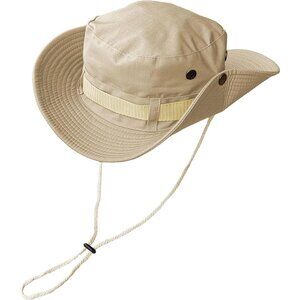 Unisex Beige 100% Polyester Wide Brim Boonie With Chin Strap Classic Hiking Hat